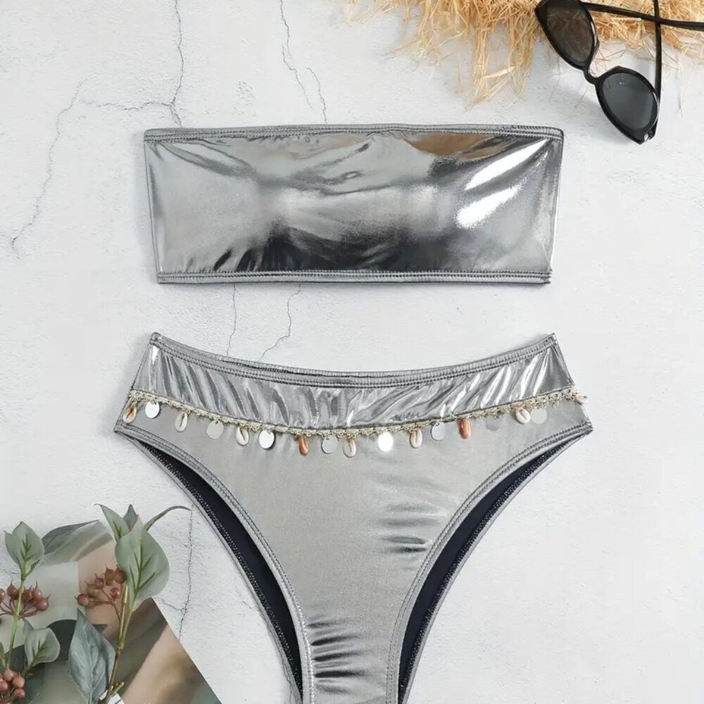 High Stretch Bandeau 2 pc Bikini (Color: Silvery Grey)